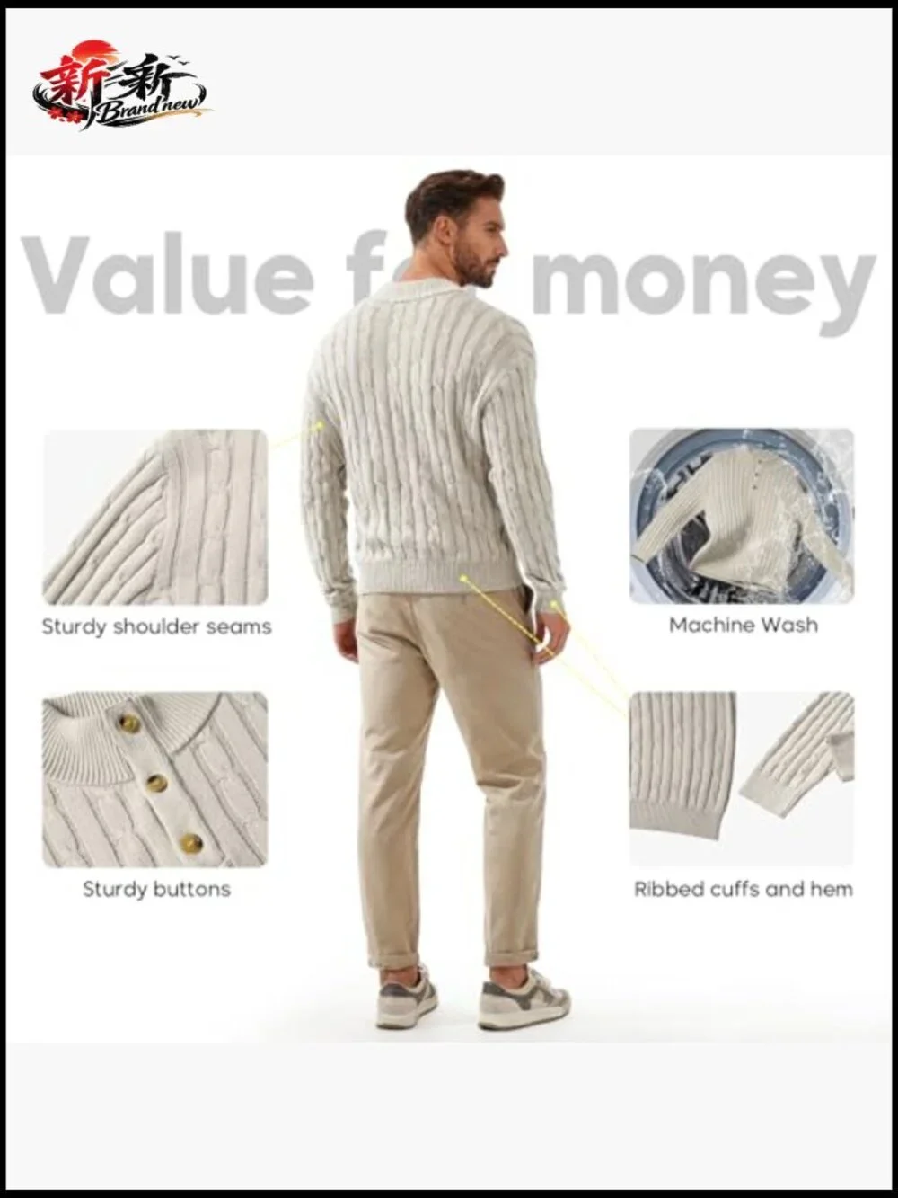 Cable Knit 1/4 Button Up Mock Neck Long Sleeve Pullover Sweater Men